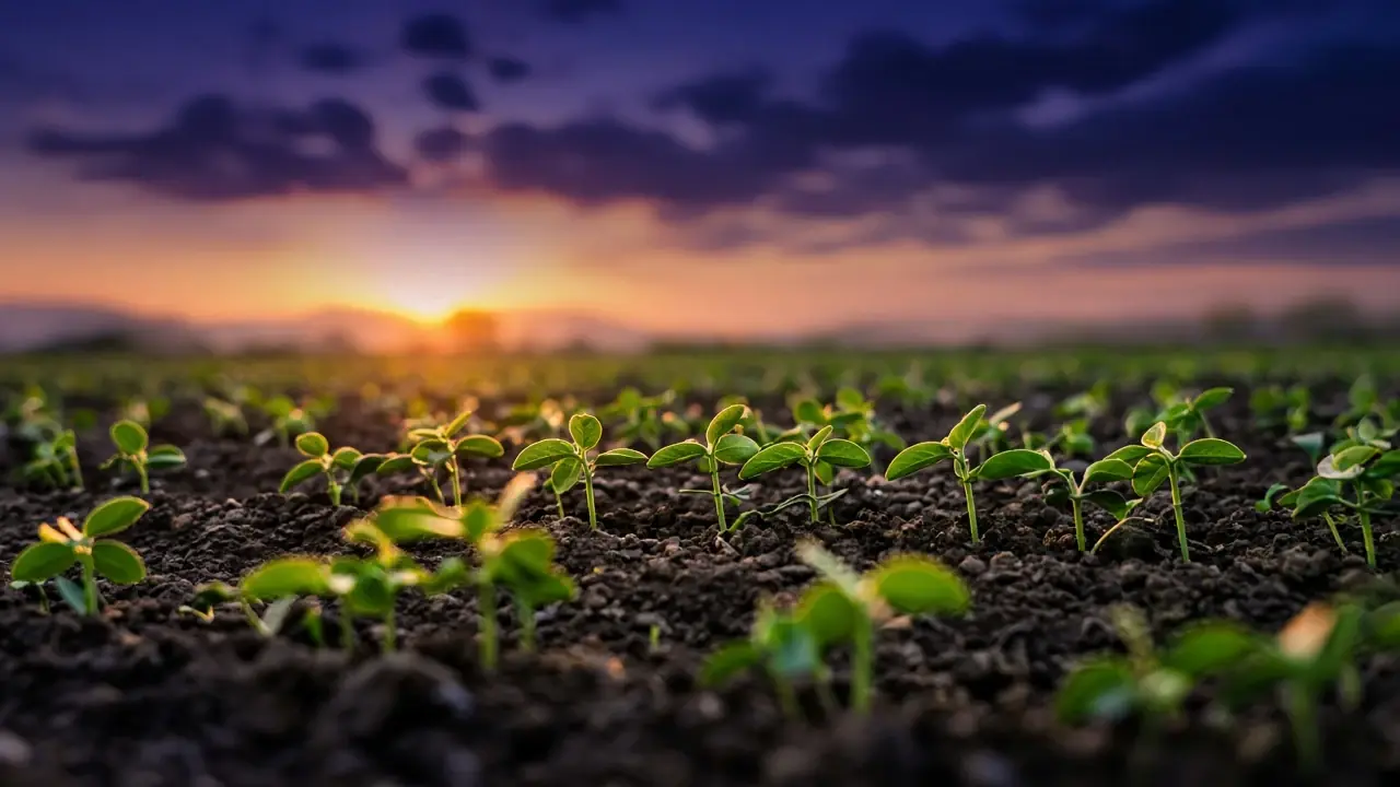 Young seedlings in a field at dusk